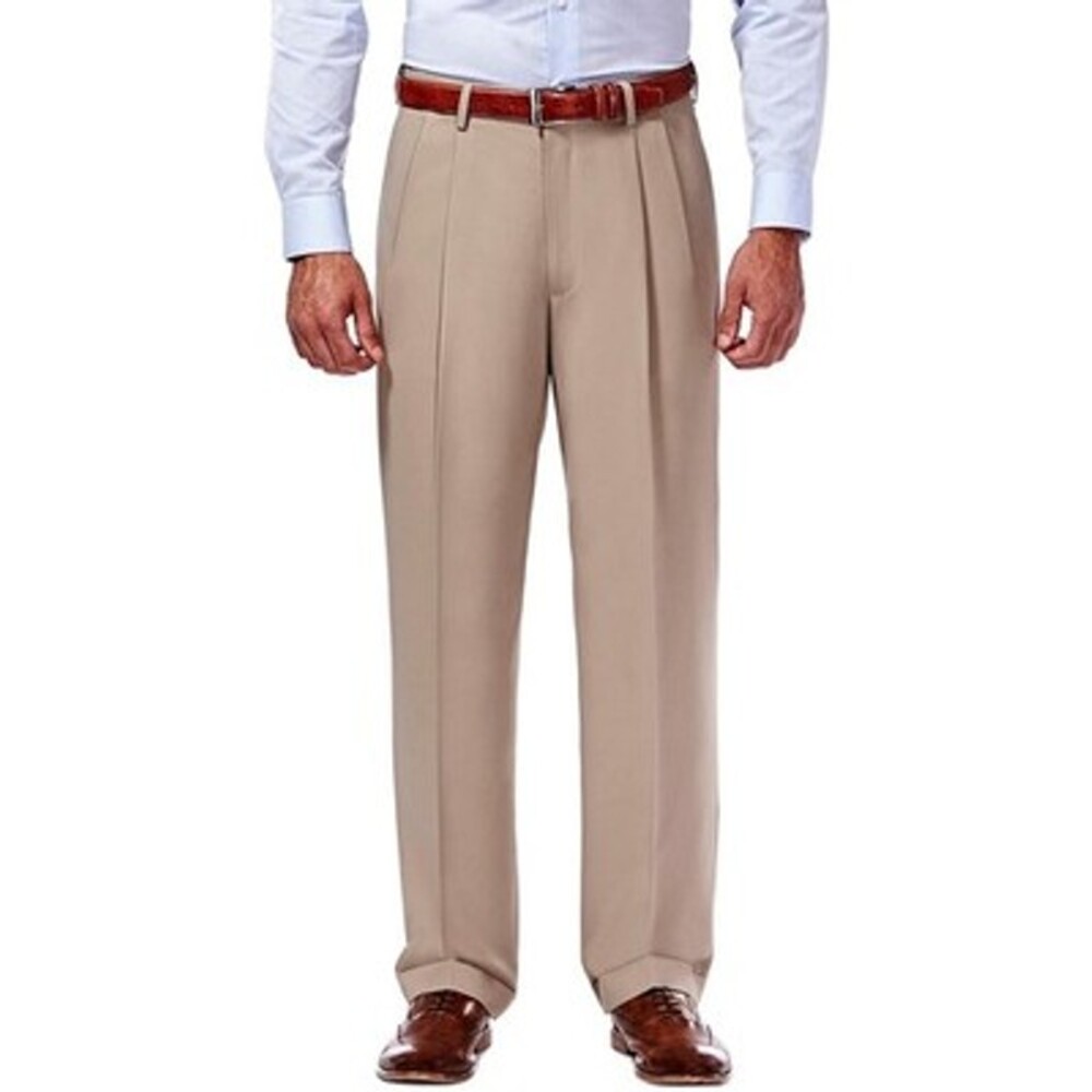 Haggar Khaki Pant Men 38W X 29L City Casuals Pleated Cuffed Modern Comfort Waist